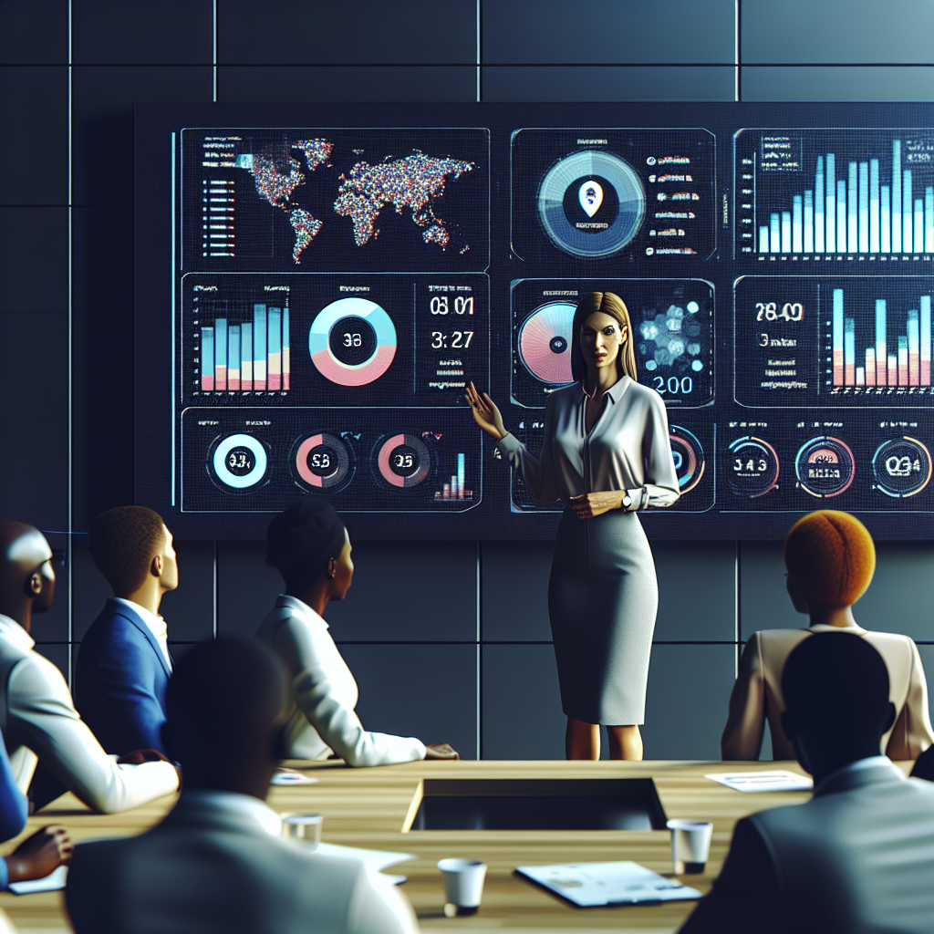 Financial analyst presenting a digital dashboard with colorful charts and performance metrics to a group of Ghanaian entrepreneurs in a sleek training facility