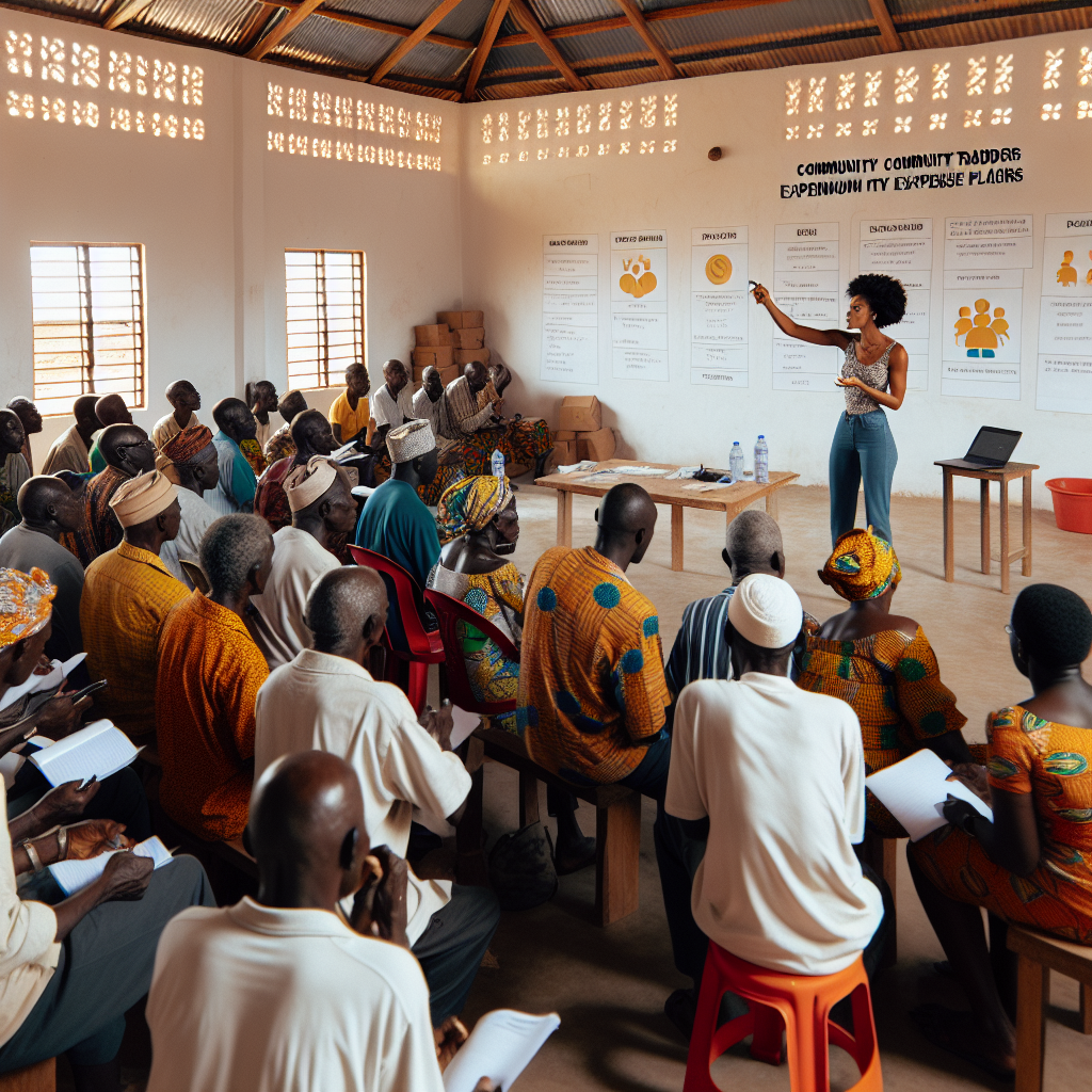 Community finance facilitator guiding Ghanaian traders through expense planning during a workshop held in a renovated community hall with bold presentation visuals