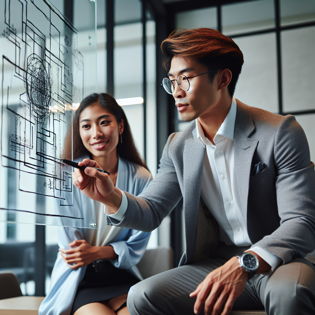 Finance consultant sketching a detailed roadmap on a glass board while discussing strategy with a Ghanaian business owner inside a contemporary office space