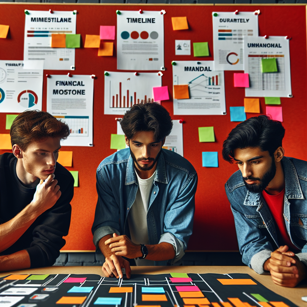 Project leads reviewing timeline milestones and financial performance indicators pinned on a vibrant red-orange strategy board inside a Ghanaian startup office